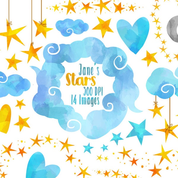 Clipart Stelle e Nuvole Acquerello - Star Borders Download - Download immediato - Nuvole ad acquerello e stelle sospese