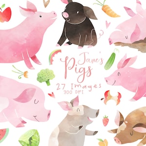 Watercolor Pigs Clipart - Cute Pigs Download - Instant Download - Pigs - Fruits - Vegetables - Piggies - Young Pigs - Farm Animals