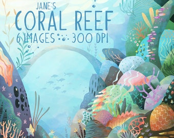 Watercolor Coral Reef Clipart: Underwater Scene Graphics (Digital Download, Commercial Use)