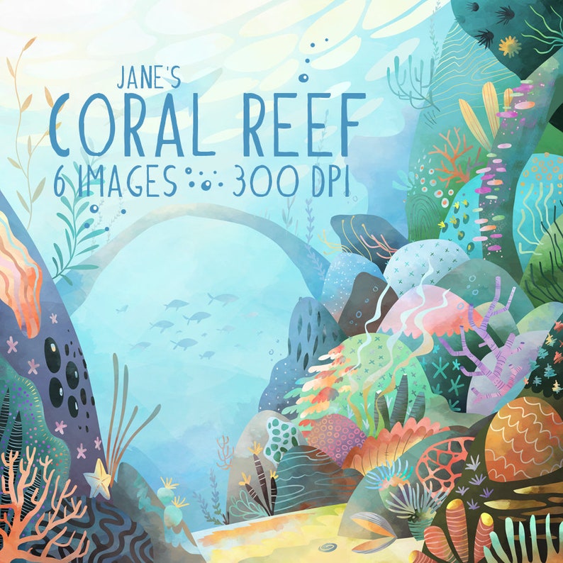 Puede incluir: Una ilustraci&oacute;n digital de un arrecife de coral con corales coloridos, peces y otras criaturas marinas. El texto "JANE'S CORAL REEF 6 IMAGES ::: 300 DPI" est&aacute; en la parte superior de la imagen.