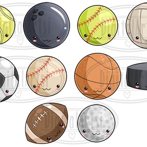 Puede incluir: Conjunto de diez pelotas de deporte de dibujos animados con caras lindas. Las pelotas incluyen una pelota de b&eacute;isbol, una pelota de baloncesto, una pelota de f&uacute;tbol, una pelota de f&uacute;tbol, una pelota de s&oacute;ftbol, una pelota de voleibol, una bola de bolos, una pelota de tenis, un disco de hockey y una pelota de golf.