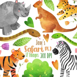 Animais de Safári em Aquarela Clipart - Download de Animais Selvagens - Download Instantâneo - Zebra Fofa em Aquarela, Canguru, Tigre, Chita e muito mais!