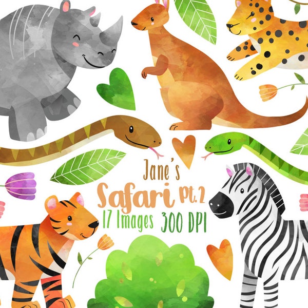 Aquarell Safari Tiere Clipart - Wilde Tiere Download - Sofort Download - Aquarell Niedliches Zebra, Känguru, Tiger, Gepard und mehr!
