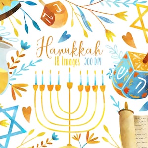 Aquarelle Hanukkah Clipart - Clipart Hanukkah - téléchargement immédiat - Manorah - Dreidel - étoile de David - Torah - Yamaka - plantes - fleurs