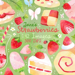 Puede incluir: Ilustración en acuarela con varias golosinas con temática de fresas sobre un fondo verde. Incluye un sundae, pastel, cono de helado y un vaso de bebida de fresa. También está presente el texto "Jane's Strawberries".