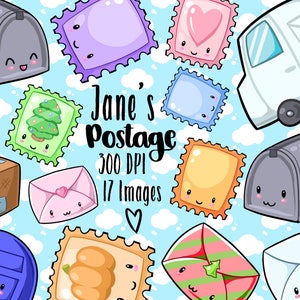 Clipart de sellos y franqueo Kawaii - Descarga Kawaii - Descarga instantánea - Sellos - Oficina de correos - Buzón - Sobres - Camión de correos - Estacional