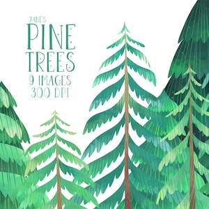 Clipart di alberi di pino ad acquerello - Download di foreste ad acquerello - Download immediato - Conifere carine - Albero di Natale - Clipart di Natale