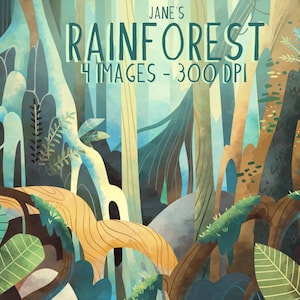 May include: A digital illustration of a lush rainforest scene with tall trees, vines, and foliage in shades of green, blue, and brown. The text "JANE'S RAINFOREST 4 IMAGES - 300 DPI" is displayed at the top of the image.