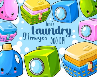 Kawaii Laundry Clipart - Household Chores Download - Kawaii Design Download - Detergent, Dryer, and Baskets