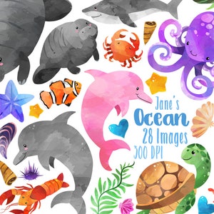 Animais do oceano em aquarela - Clipart - Criaturas marinhas - Download instantâneo - Peixe-boi - Tubarão - Golfinho - Caranguejo - Feito pelo homem