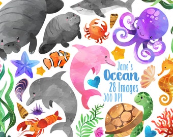 Watercolor Ocean Animals Clipart - Sea Creatures - Instant Download - Manatee - Shark - Dolphin - Crab - Human Made