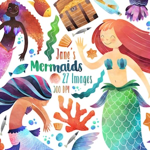Clipart de sereias em aquarela - Download instantâneo - Coral - Peixinhos - Bolhas - Conchas - Algas marinhas - Baú do tesouro - Desenhado à mão - Feito pelo homem