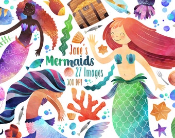 Watercolor Mermaids Clipart - Mermaid Download - Instant Download - Coral - Fishies - Bubbles - Shells - Seaweed - Treasure Chest