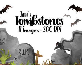 Watercolor Tombstones Clipart - Halloween Items Download - Instant Download - Spooky Grave Markers - Zombie Hand - Halloween Clipart