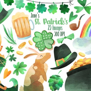 Aquarelle St Patricks Day Clipart - téléchargement de trèfle mignon - téléchargement immédiat - graphiques de la Saint-Patrick - trèfles - arcs-en-ciel - bière