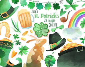 Watercolor St Patricks Day Clipart - Cute Shamrock Download - Instant Download - St Patty's Day Graphics - Clovers - Rainbows - Beer