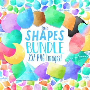 Pode incluir: Uma coleção de 237 imagens PNG de aquarela que apresentam várias formas, incluindo círculos, corações, luas, estrelas, pentágonos, losangos e quadrados. As formas são de várias cores brilhantes, incluindo rosa, azul, verde, amarelo e laranja.
