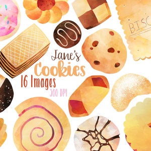 Aquarell Kekse Clipart - Süßigkeiten Download - Instant Download - Dessert - Chocolate Chip - Frosted - Tee - Kekse - Madelines - Bäckerei