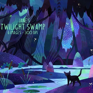 Aquarelle Twilight Swamp - Téléchargement instantané de l'environnement - Impression numérique - Environnement fantastique - Magic Swamp - Amoureux des chats - Violet