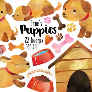 Aquarell Welpen Clipart - Hunde Download - Sofort Download - Aquarell süsse braune Welpen