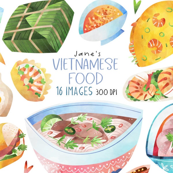 Watercolor Vietnamese Food Clipart - Vietnamese Graphics - Digital Download - Pho - Spring Rolls - Bahn Mi - Banh Xeo - Banh bao