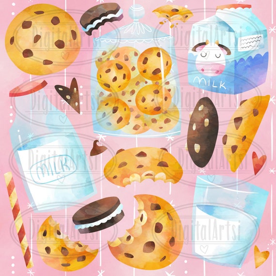 Cookies Download Baking Milk Bottle American Dessert Chocolate Chip Cookie Watercolor Milk and Cookies Clipart Instant Download