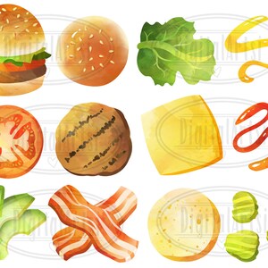 May include: A set of watercolour illustrations of burger ingredients, including a sesame seed bun, lettuce, tomato, cheese, patty, pickles, bacon, avocado, and mustard.