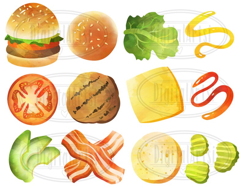 May include: A set of watercolour illustrations of burger ingredients, including a sesame seed bun, lettuce, tomato, cheese, patty, pickles, bacon, avocado, and mustard.