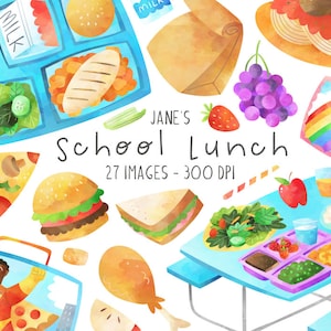 Clipart de almoço escolar em aquarela - Download de cafeteria - Download instantâneo - Clipart de lancheira - Escola pública - Comida saudável - Crianças