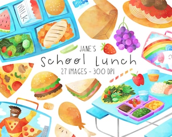 Watercolor School Lunch Clipart - Cafeteria Download - Instant Download - Lunch Box Clipart - Public School - Healthy Food - Children