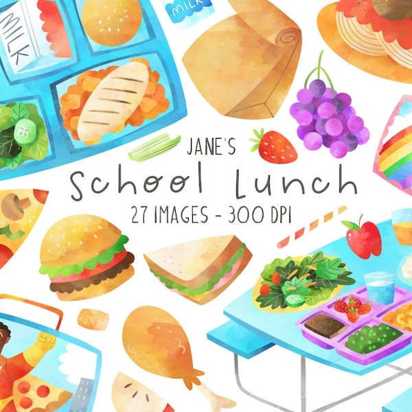 Watercolor School Lunch Clipart - Cafeteria Download - Instant Download - Lunch Box Clipart - Public School - Healthy Food - Children