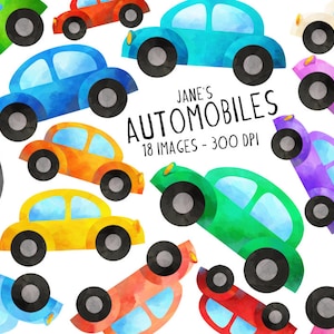 Clipart de carros em aquarela - Download de veículos em aquarela - Download instantâneo - Automóveis multicoloridos