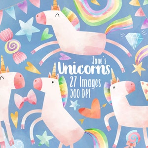 Clipart de unicórnios em aquarela - Download de unicórnios arco-íris - Download instantâneo - Bandeirinhas - Aniversário - Nuvens - Corações - Estrelas - Pizza - Diamante