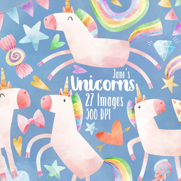Watercolor Unicorns Clipart - Rainbow Unicorns Download - Instant Download - Bunting - Birthday - Clouds - Hearts - Stars - Pizza - Diamond
