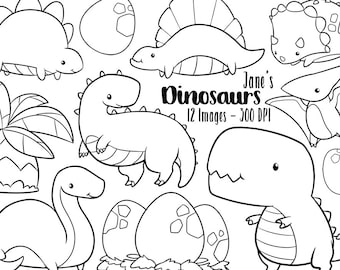 Kawaii Dinosaur Stamps Clipart - Cute Dinosaurs Download - Instant Download - Brontosaurus - Triceratops - Trex - Stegosaurus