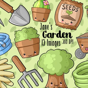 Clipart de jardinagem kawaii - Download kawaii - Download instantâneo - Tesouras - Plantas em vasos - Árvore - Luvas - Mangueira - Pá