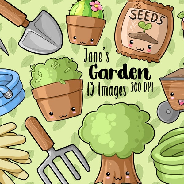 Kawaii Garten Clipart - Kawaii Download - Instant Download - Scheren - Topfpflanzen - Baum - Handschuhe - Schlauch - Spaten