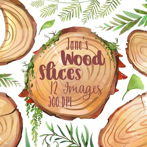 Watercolor Wood Slices Clipart: Woodland Plants, Nature Borders (Instant Download)