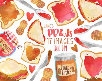 Watercolor Peanut Butter and Jelly Clipart - PB&J Download - Instant Download - Sandwich - Strawberry Jelly - Peanut Butter - Lunch