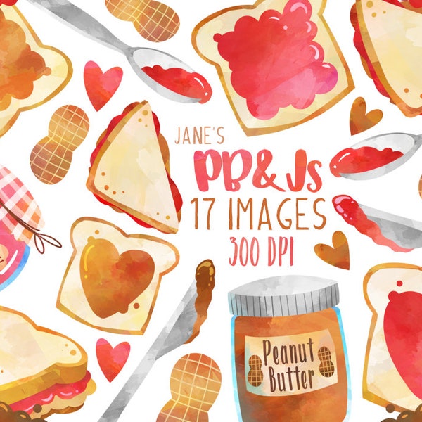 Watercolor Peanut Butter and Jelly Clipart - PB&J Download - Instant Download - Sandwich - Strawberry Jelly - Peanut Butter - Lunch