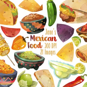 May include: A collection of watercolor illustrations of Mexican food, including tacos, tortillas, salsa, guacamole, corn on the cob, jalapenos, limes, and a margarita. The text "Jane's Mexican Food 300 DPI 21 Images" is also included.