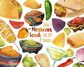 Watercolor Mexican Food Clipart -  Fiesta Download - Instant Download - Tacos - Burritos - Tamales - Guacamole - Elotes - Mexican Clipart