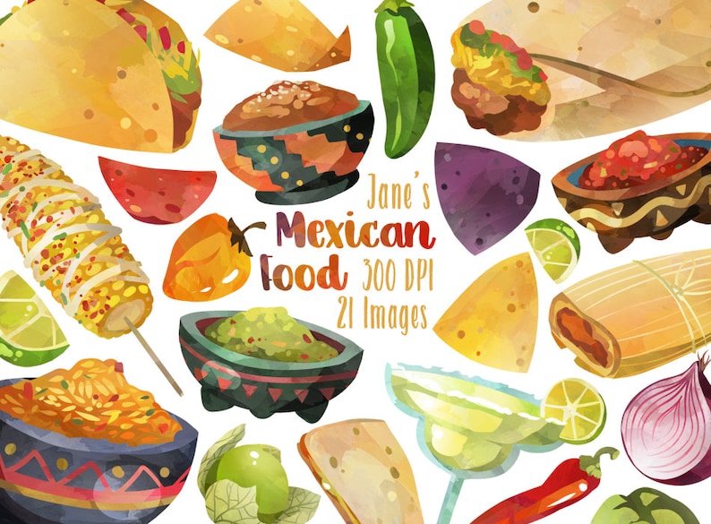 May include: A collection of watercolor illustrations of Mexican food, including tacos, tortillas, salsa, guacamole, corn on the cob, jalapenos, limes, and a margarita. The text "Jane's Mexican Food 300 DPI 21 Images" is also included.