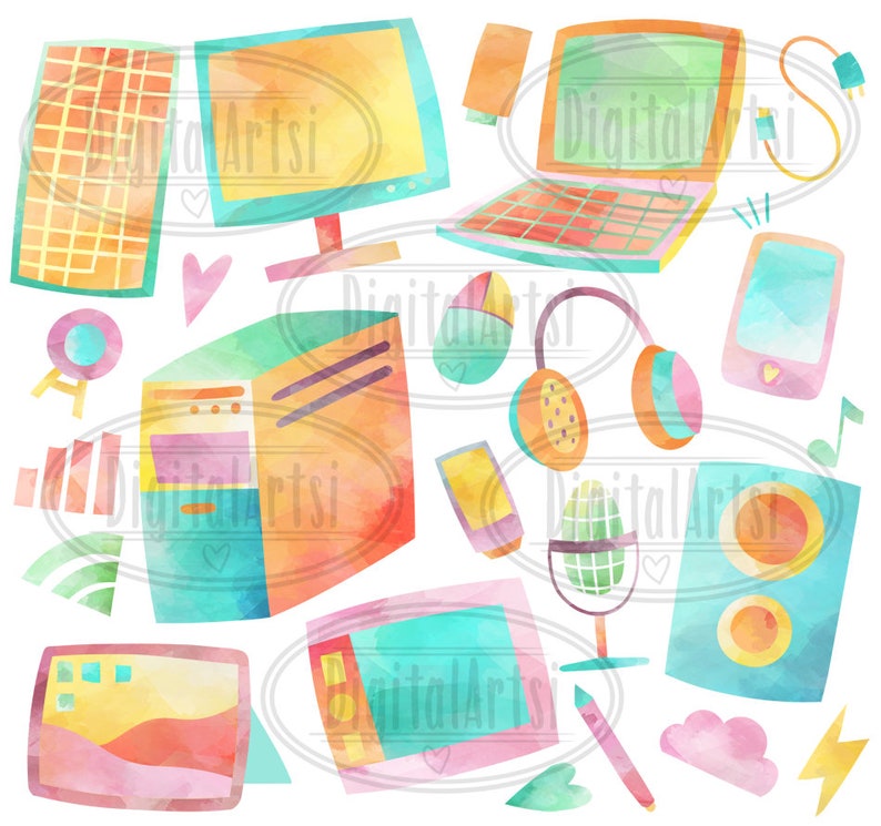 May include: Watercolour illustration of various technology items, including a computer, laptop, mobile phone, headphones, speakers, and a microphone. The items are painted in shades of blue, orange, yellow, and pink.