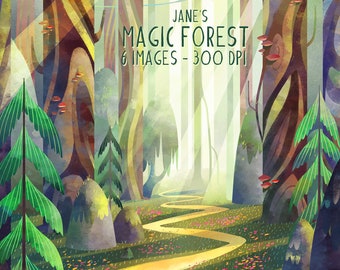 Magic Forest Clipart: Grafika przedstawiająca leśną scenerię (pobieranie cyfrowe, rysowanie ręczne)