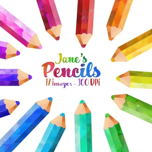 Clipart aquarel kleurpotloden - schoolartikelen downloaden - direct downloaden - aquarel regenboogpotloden