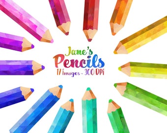 Watercolor Colored Pencils Clipart - School Items Download - Instant Download - Watercolor Rainbow Pencils