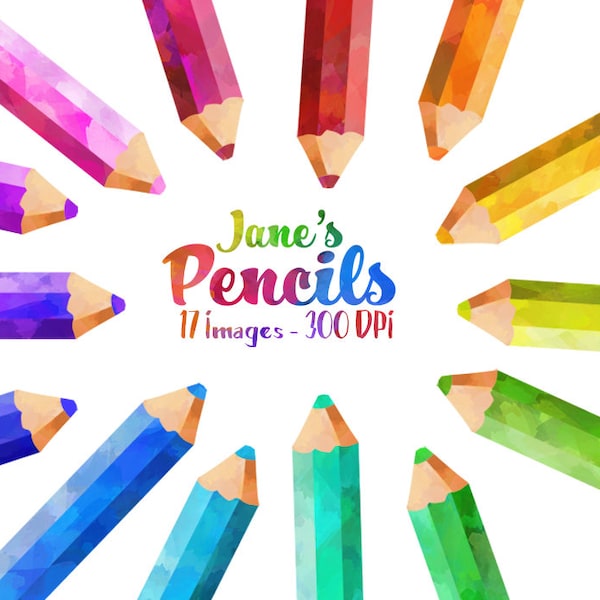 Watercolor Colored Pencils Clipart - School Items Download - Instant Download - Watercolor Rainbow Pencils