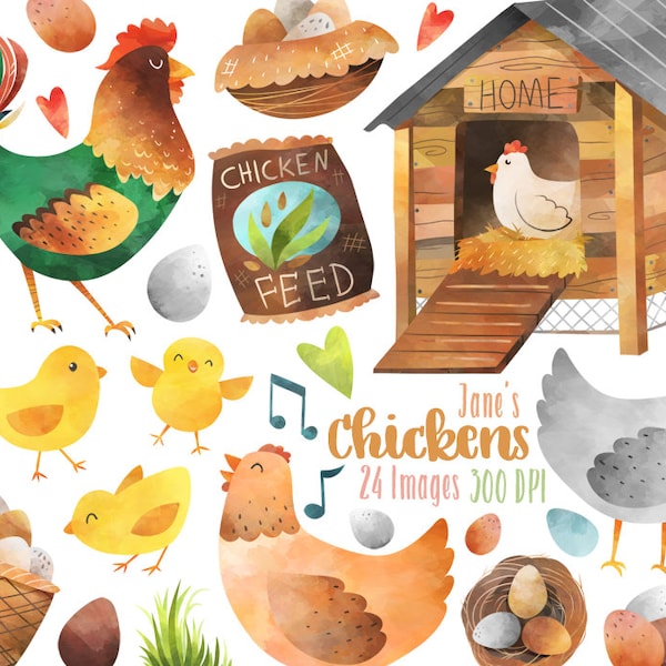 Watercolor Chickens Clipart - Chicken Download - Instant Download - Farm Animals Clipart - Rooster - Hen - Eggs - Coop - Chicks - Nest