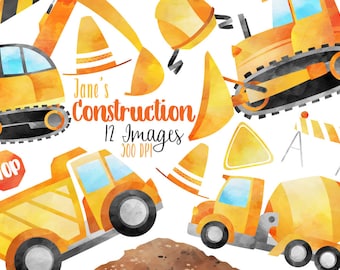 Watercolor Construction Clipart: Vehicles Download (PNG, 300 DPI)